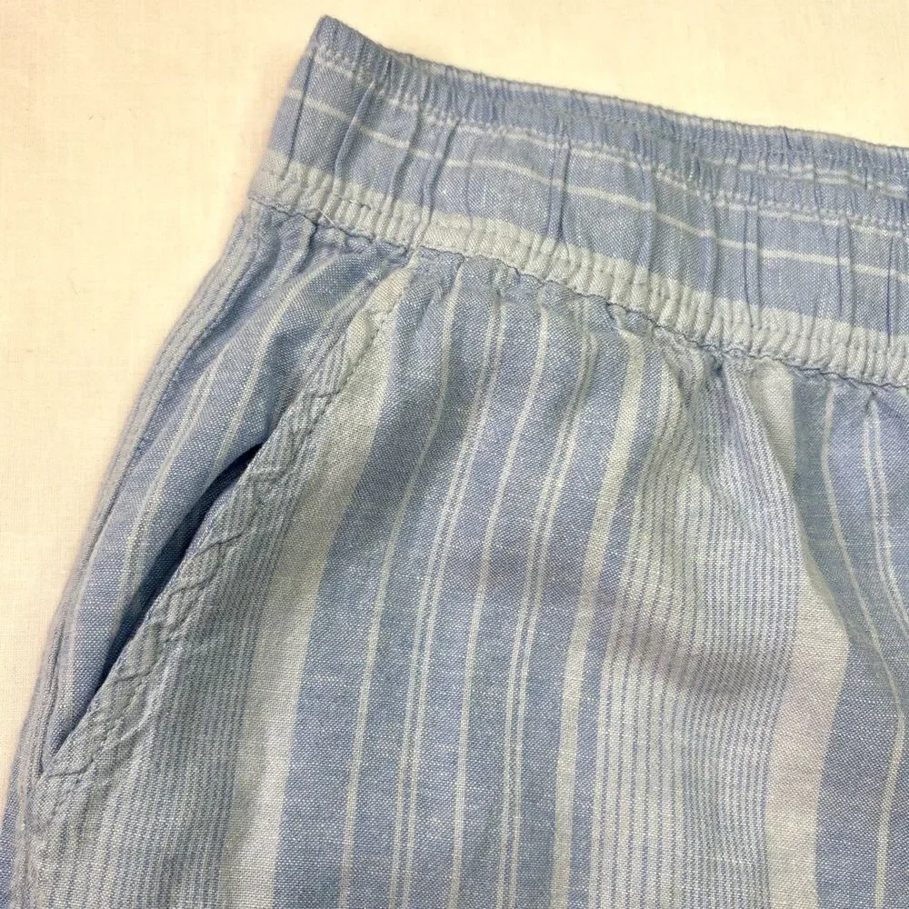 Tahari Women's Large Blue Linen Rayon Elastic Waist Casual Pants with Pockets